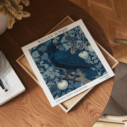 William Morris Style Raven & Apple Print – Blue Botanical Square Wall Art