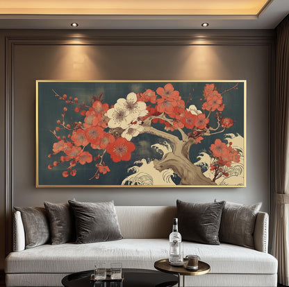 Japanese Plum Blossom Panoramic Print: Vintage Ukiyo-e Ocean Wave Art