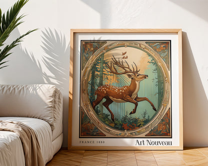 Stag Nouveau Print - Vintage Floral Wall Art  - Art Deco Poster