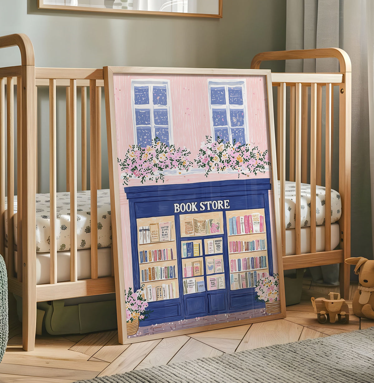 Blue bookshop nursery wall art with pink flowers and colourful books