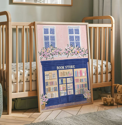 Blue bookshop nursery wall art with pink flowers and colourful books