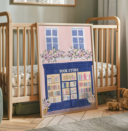 Blue bookshop nursery wall art with pink flowers and colourful books