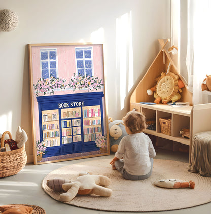 Blue and pink bookshop nursery print displayed in a bright child's room