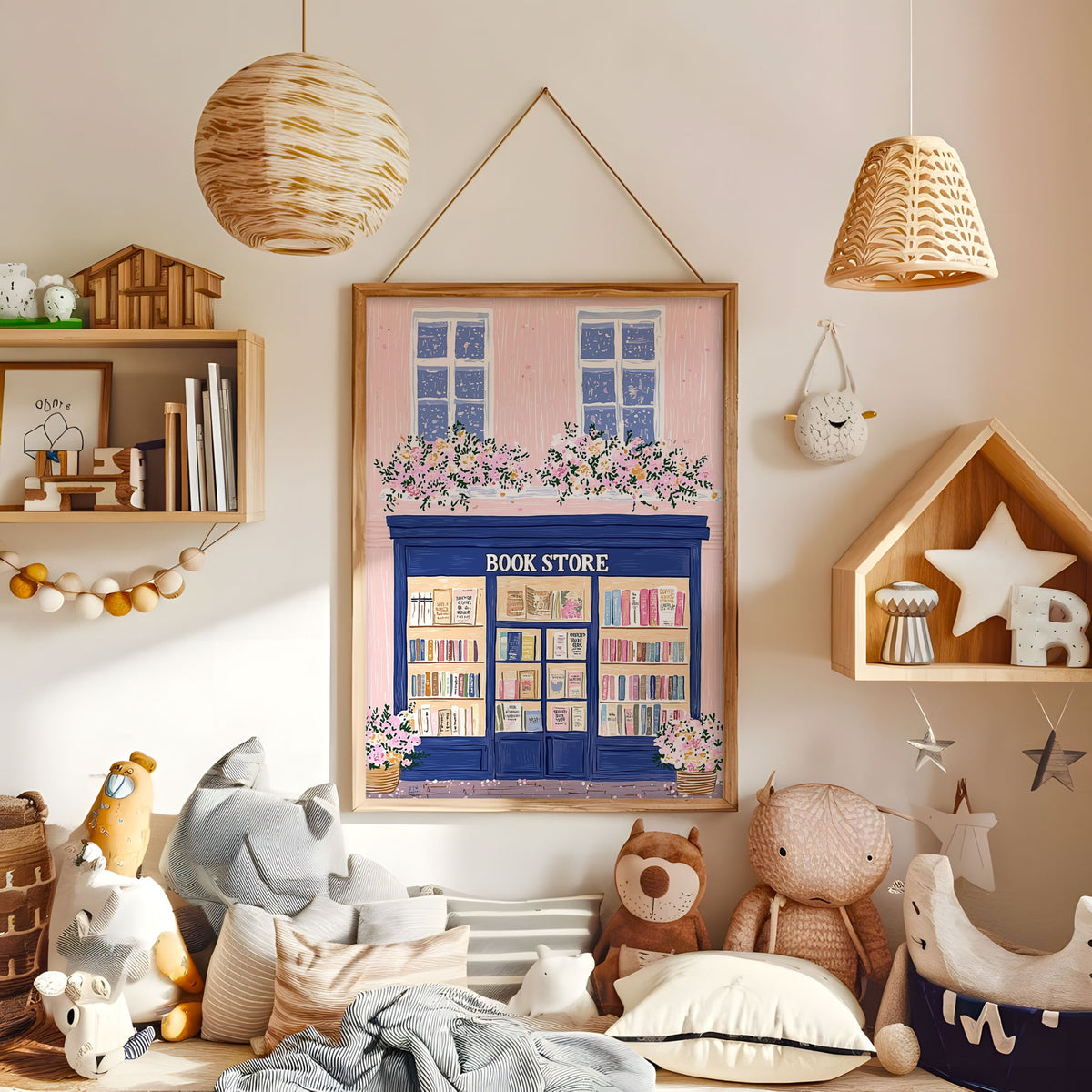 Navy blue bookshop wall art with colourful books and flowers in a warm kids bedroom