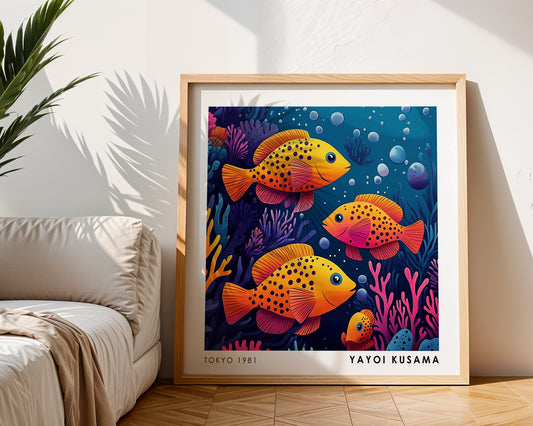 Yayoi Kusama Inspired Orange Fish Coral Reef Print | Colourful Japanese Ocean Wall Art