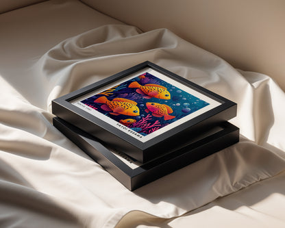 Yayoi Kusama Inspired Orange Fish Coral Reef Print | Colourful Japanese Ocean Wall Art