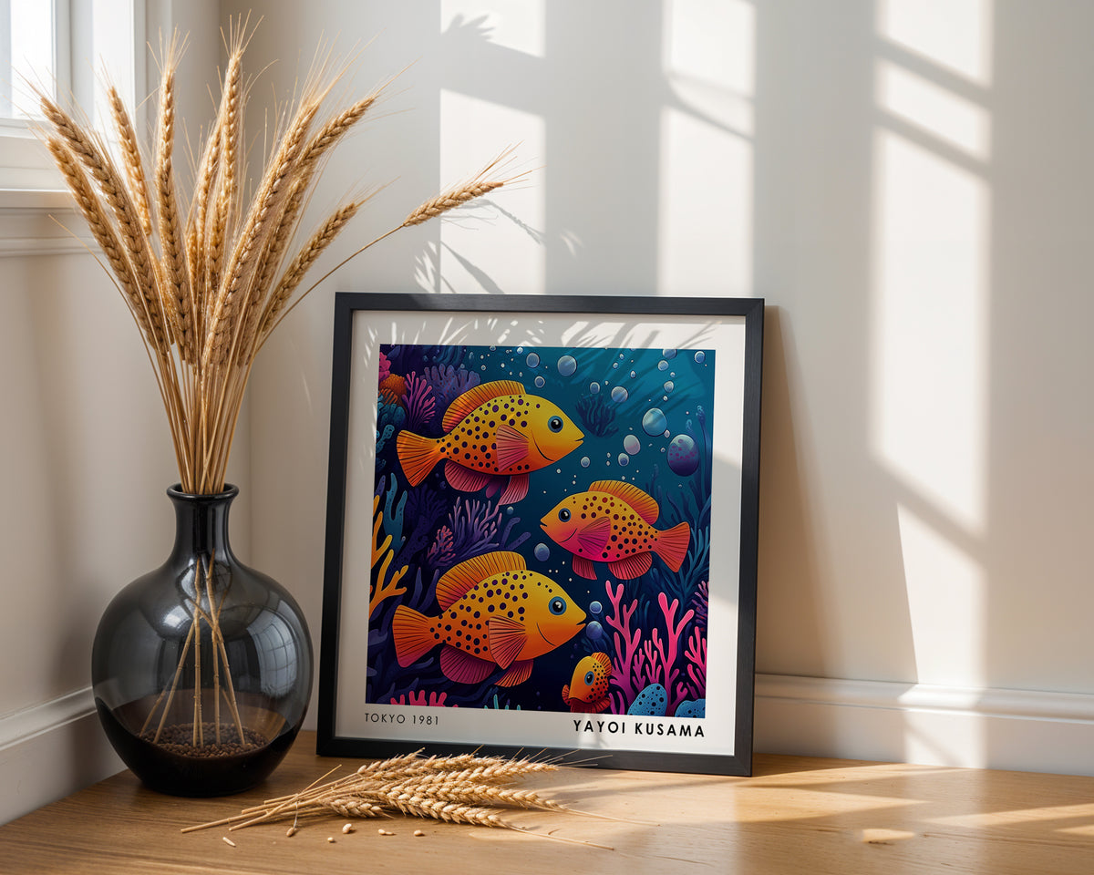Yayoi Kusama Inspired Orange Fish Coral Reef Print | Colourful Japanese Ocean Wall Art