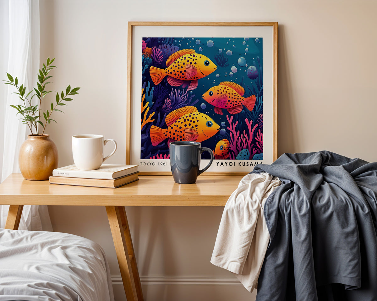 Yayoi Kusama Inspired Orange Fish Coral Reef Print | Colourful Japanese Ocean Wall Art