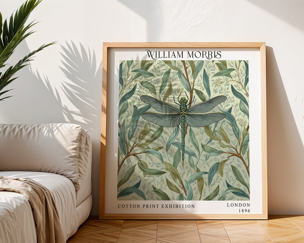 William Morris Style Dragonfly Print – Sage Botanical Square Wall Art