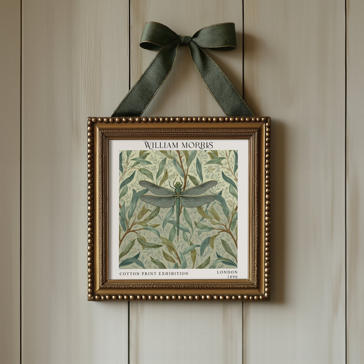 William Morris Style Dragonfly Print – Sage Botanical Square Wall Art