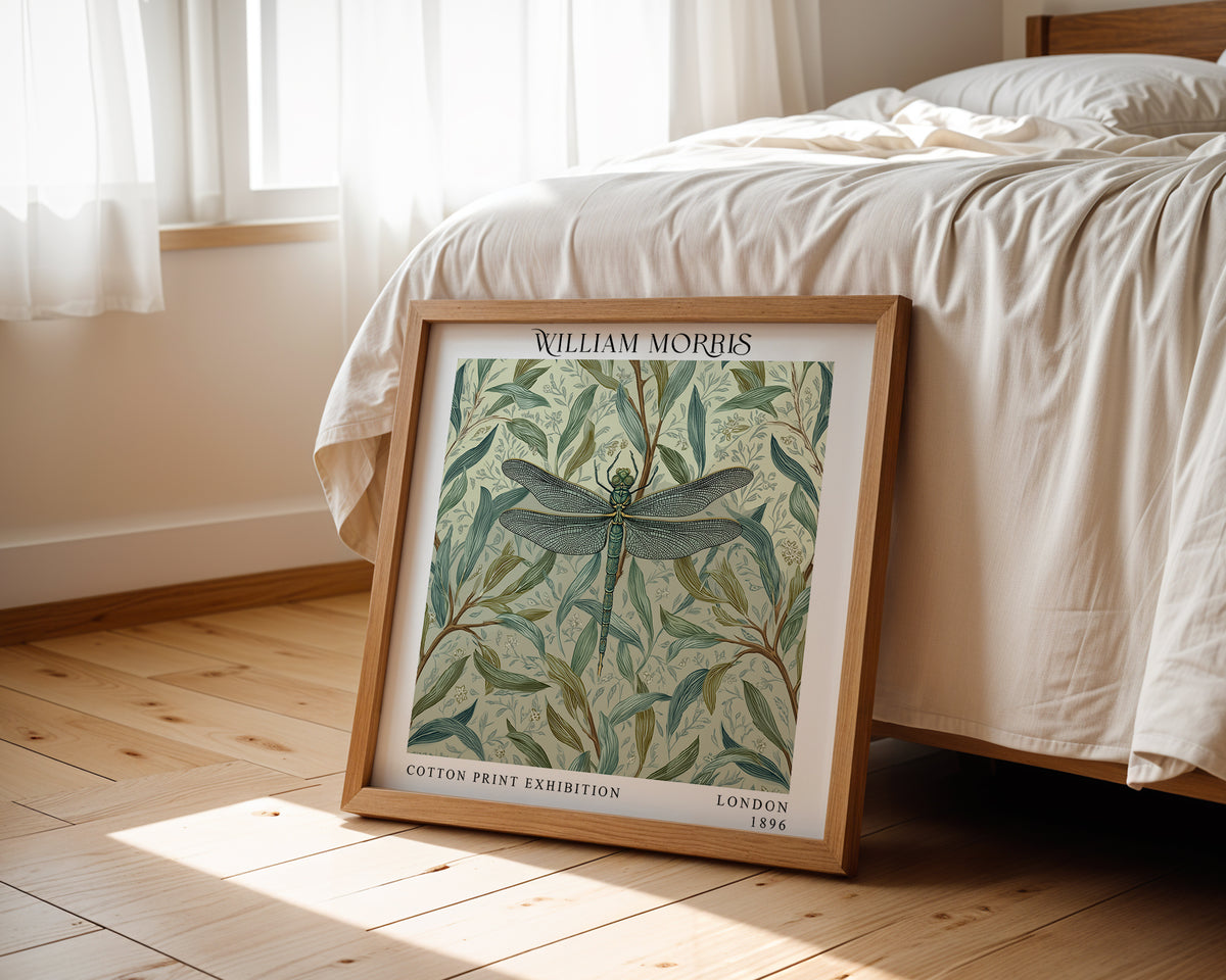 William Morris Style Dragonfly Print – Sage Botanical Square Wall Art