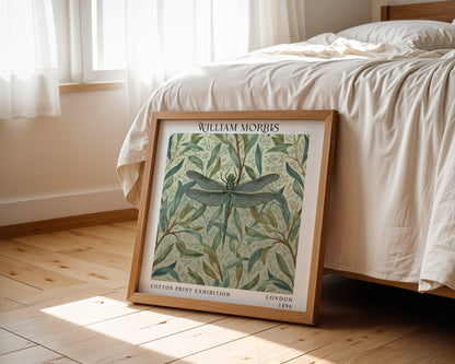 William Morris Style Dragonfly Print – Sage Botanical Square Wall Art