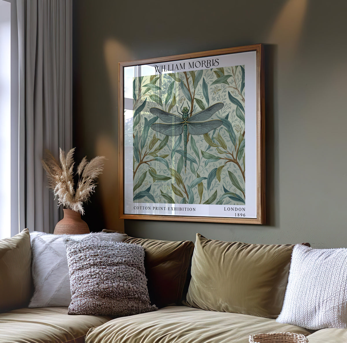 William Morris Style Dragonfly Print – Sage Botanical Square Wall Art