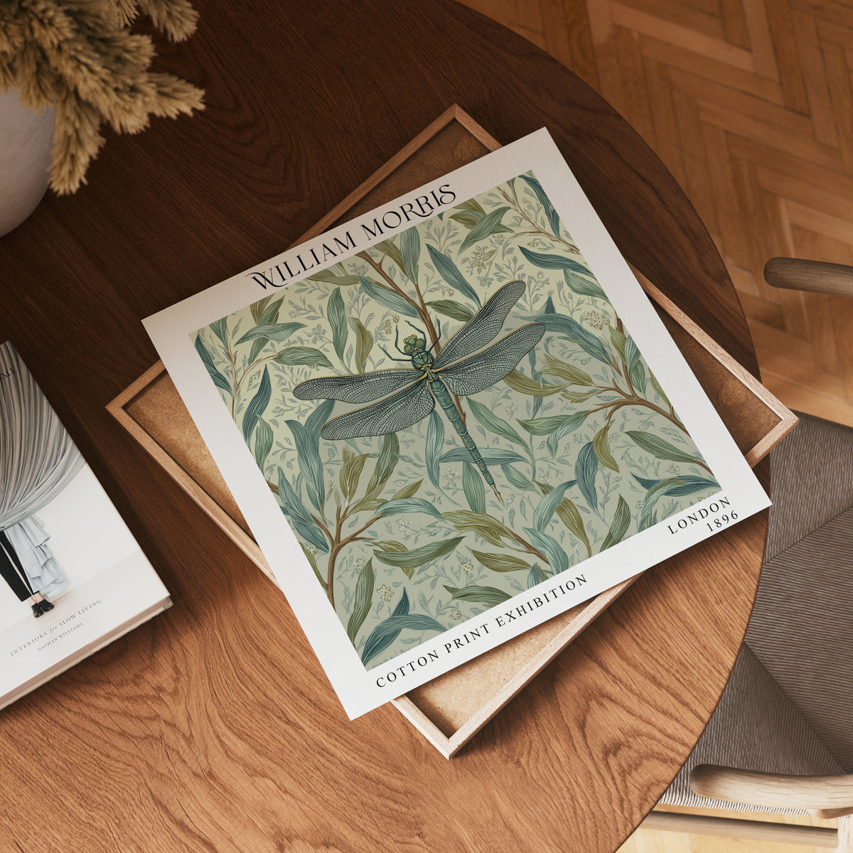 William Morris Style Dragonfly Print – Sage Botanical Square Wall Art