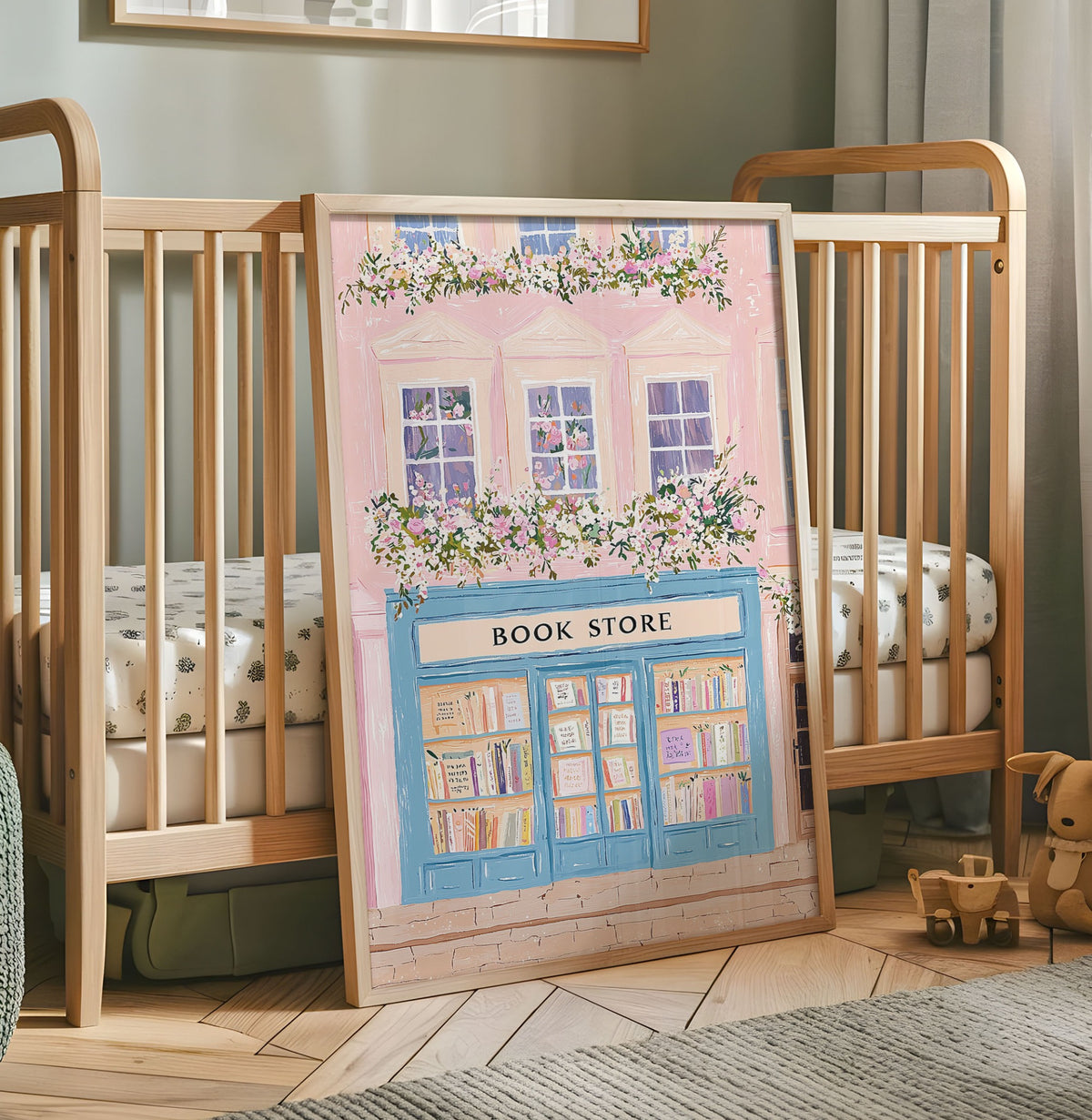 Pink and blue bookshop nursery wall art with flowers and shelves of books