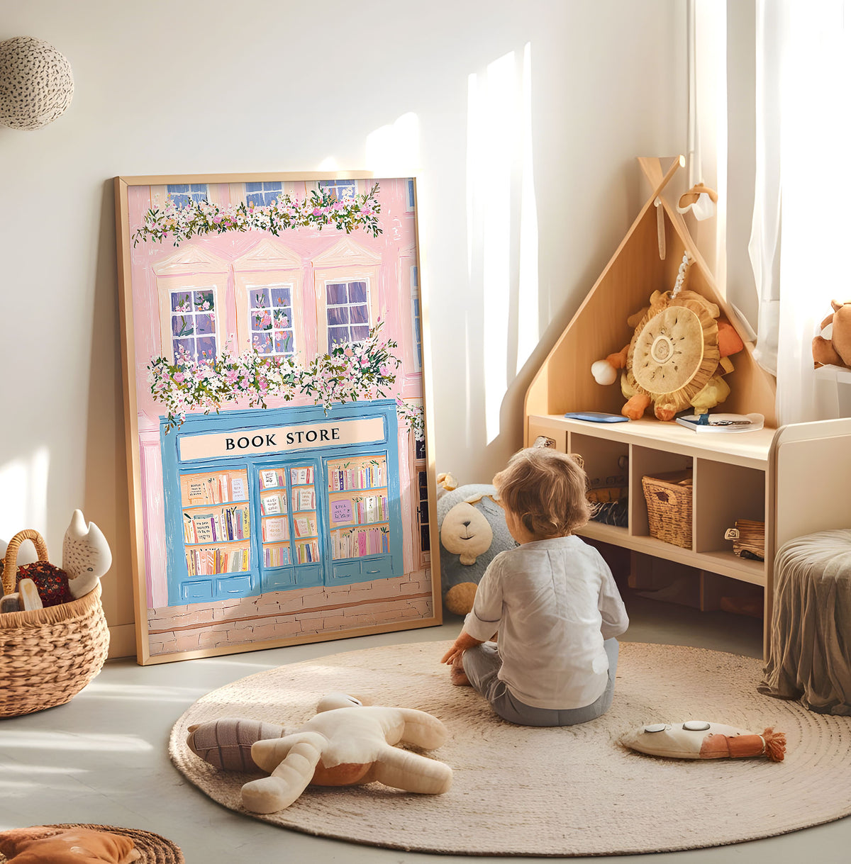 Pink and blue floral bookshop nursery print displayed in a bright child's room