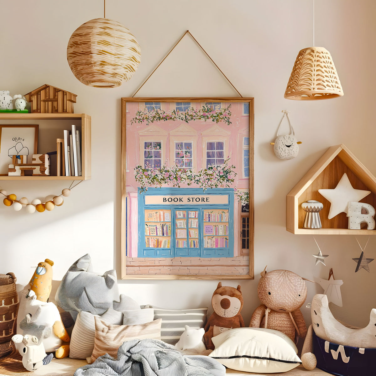 Pastel pink bookshop with blue storefront and flowers wall art in a warm kids bedroom