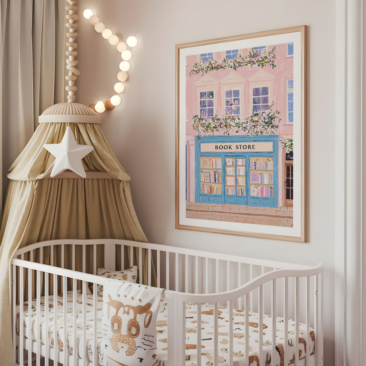 Pink and blue floral bookshop nursery wall art displayed above a cot