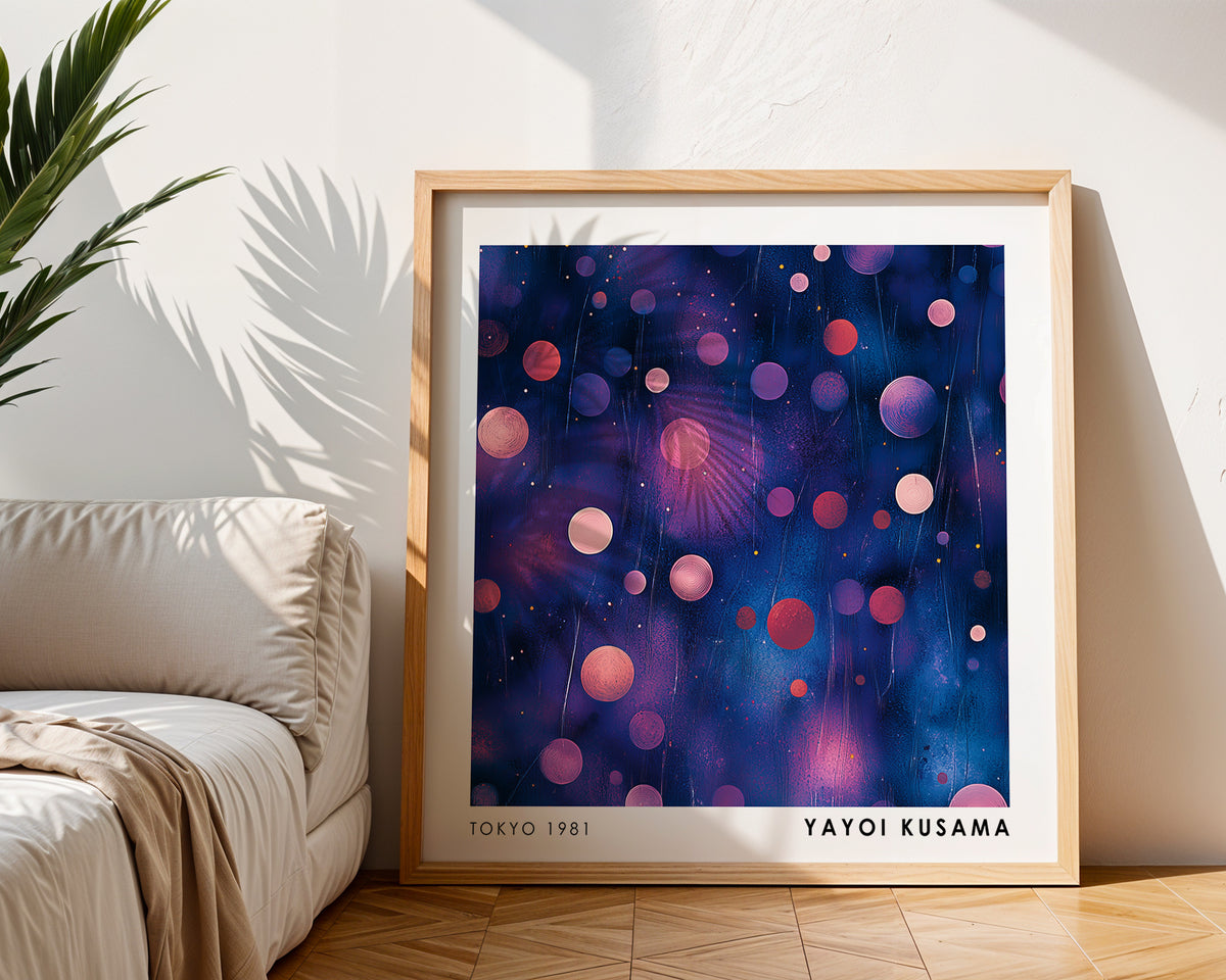 Yayoi Kusama Inspired Blue Pink Polka Dot Abstract Print | Modern Japanese Wall Art