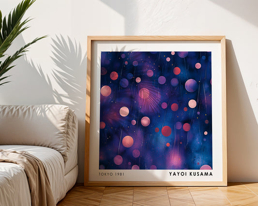 Yayoi Kusama Inspired Blue Pink Polka Dot Abstract Print | Modern Japanese Wall Art