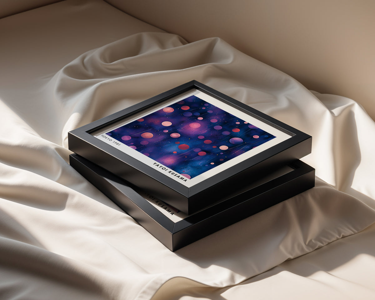 Yayoi Kusama Inspired Blue Pink Polka Dot Abstract Print | Modern Japanese Wall Art