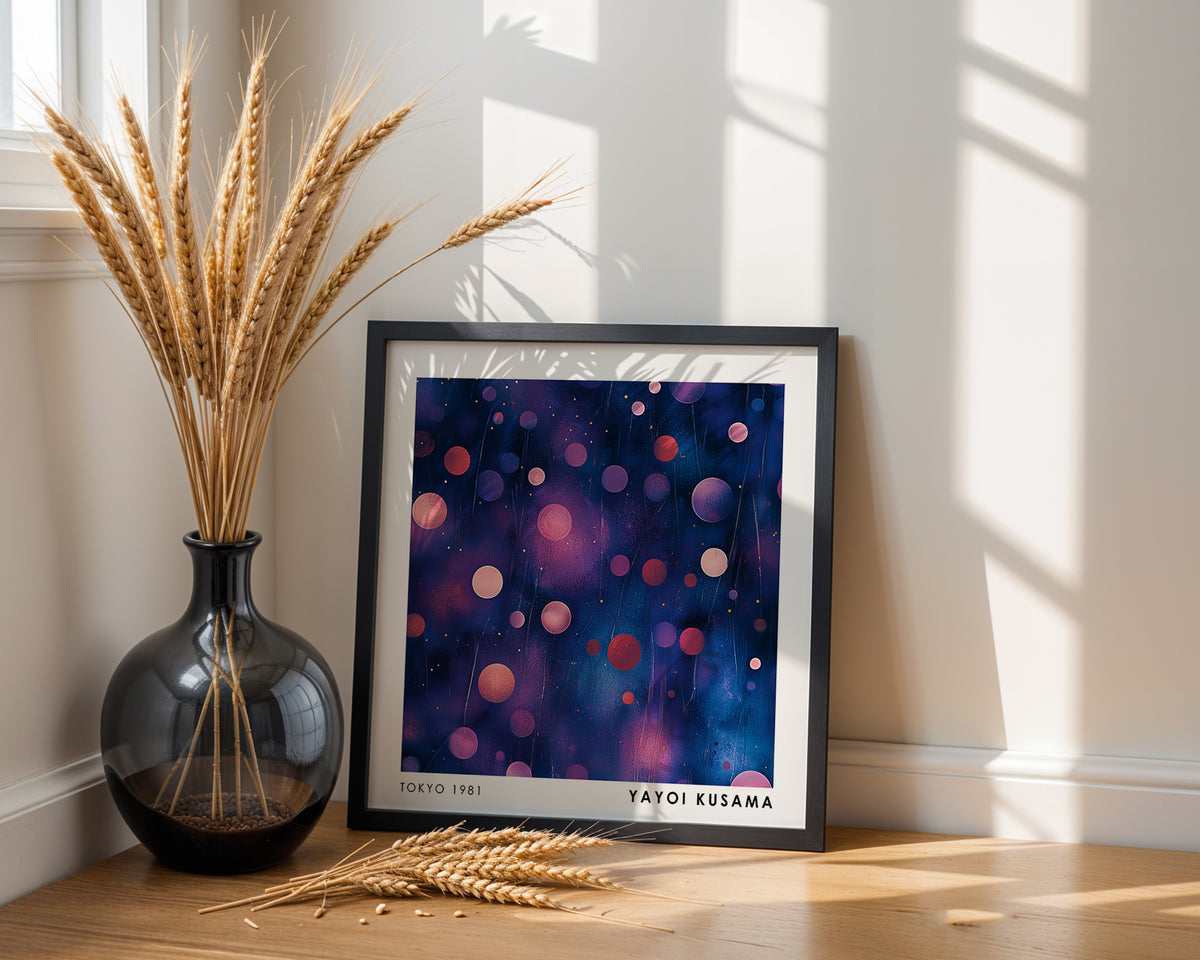 Yayoi Kusama Inspired Blue Pink Polka Dot Abstract Print | Modern Japanese Wall Art