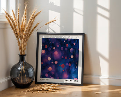 Yayoi Kusama Inspired Blue Pink Polka Dot Abstract Print | Modern Japanese Wall Art