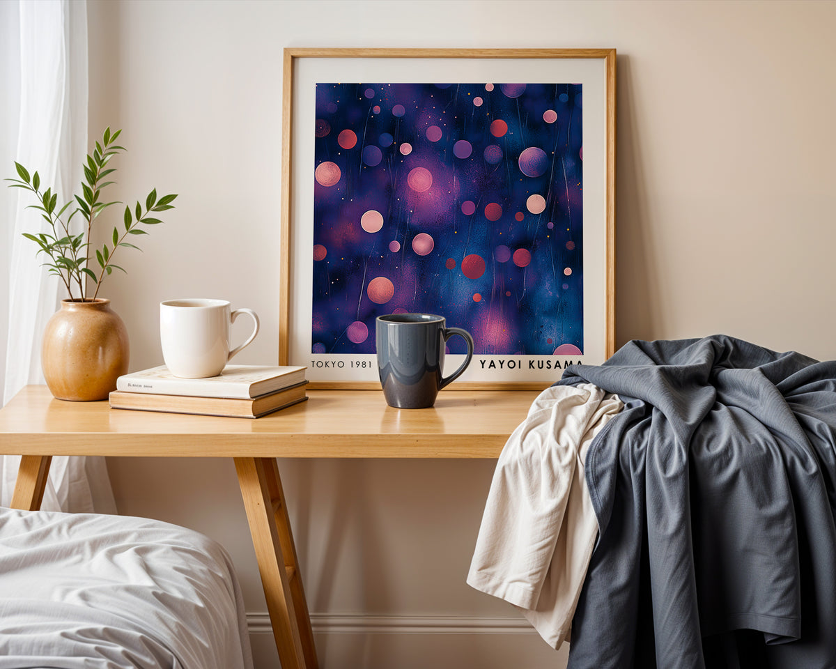 Yayoi Kusama Inspired Blue Pink Polka Dot Abstract Print | Modern Japanese Wall Art