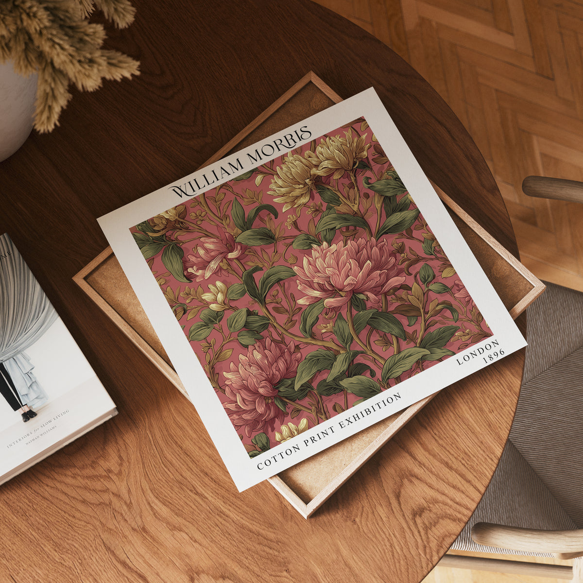 William Morris Style Pink Flower Print – Botanical Square Wall Art