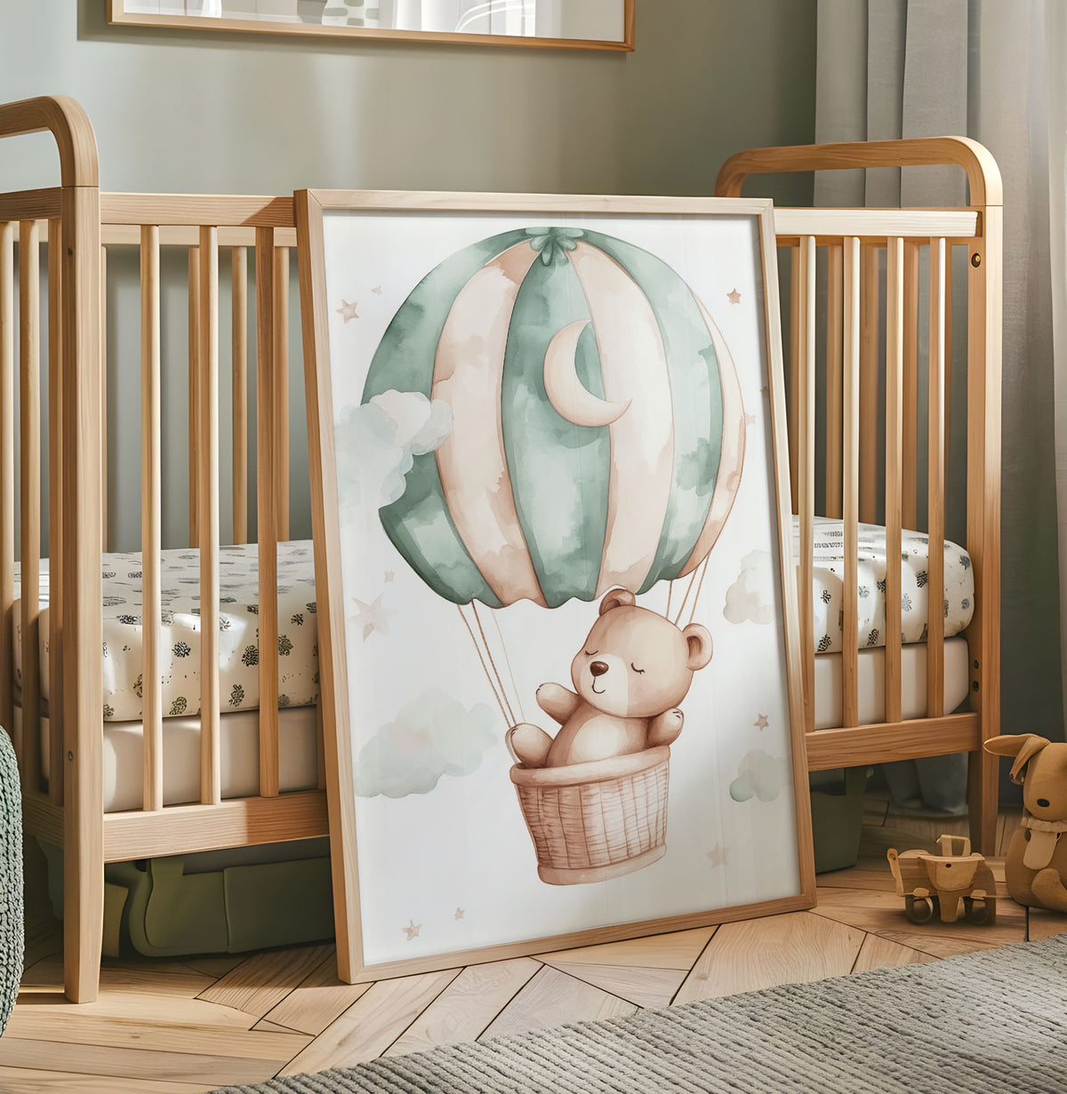 Teddy bear hot air balloon nursery wall art with mint balloon crescent moon clouds and stars
