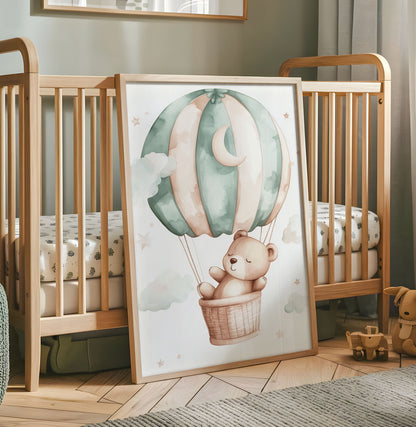 Teddy bear hot air balloon nursery wall art with mint balloon crescent moon clouds and stars