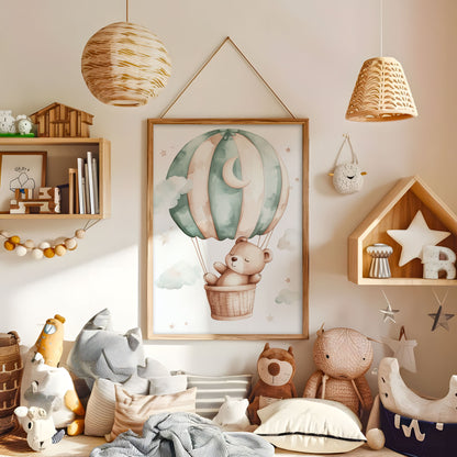 Watercolour teddy bear in mint hot air balloon wall art in a warm kids bedroom