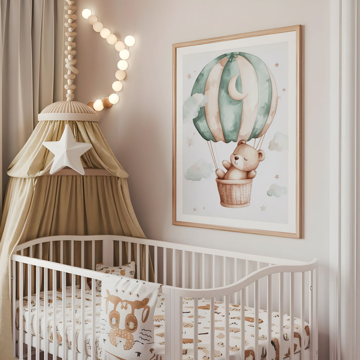Teddy bear hot air balloon nursery wall art displayed above a cot