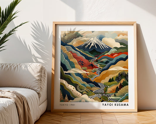 Yayoi Kusama Inspired Mount Fuji River Print | Japanese Mountain Landscape Wall Art