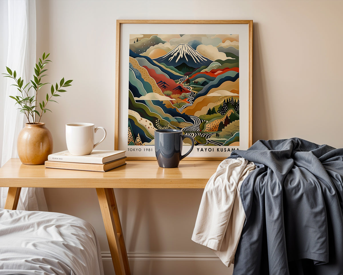 Yayoi Kusama Inspired Mount Fuji River Print | Japanese Mountain Landscape Wall Art