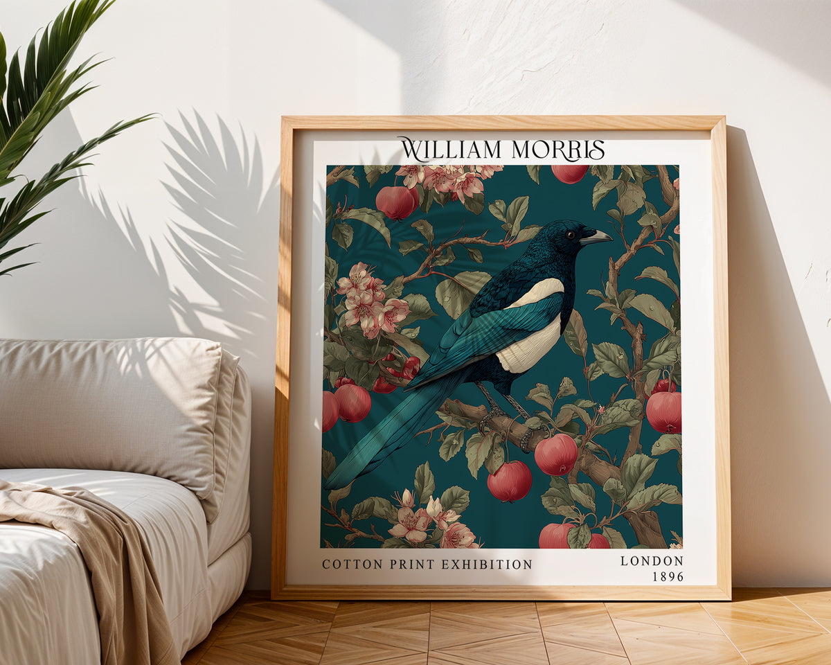 William Morris Blue Bird & Apple Print – Teal Botanical Square Wall Art