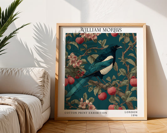 William Morris Blue Bird & Apple Print – Teal Botanical Square Wall Art