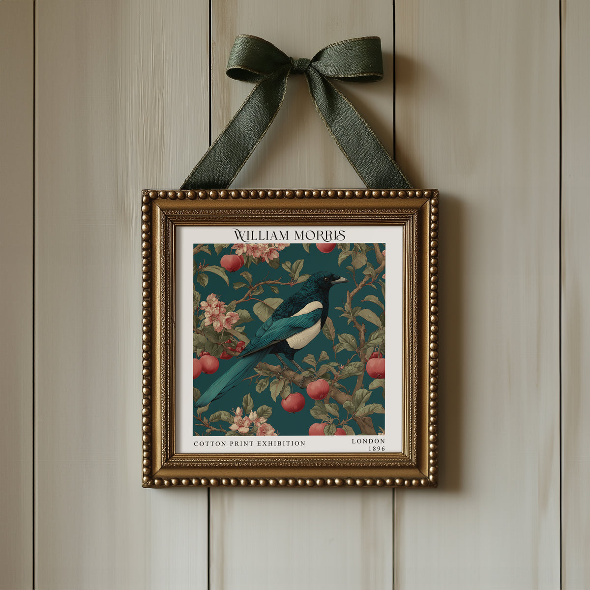 William Morris Blue Bird & Apple Print – Teal Botanical Square Wall Art