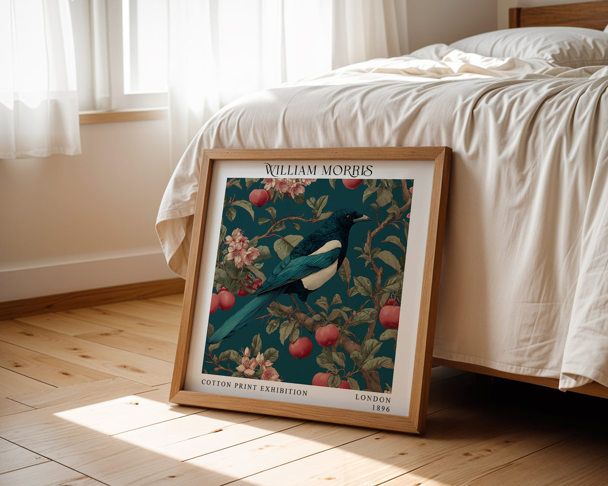 William Morris Blue Bird & Apple Print – Teal Botanical Square Wall Art