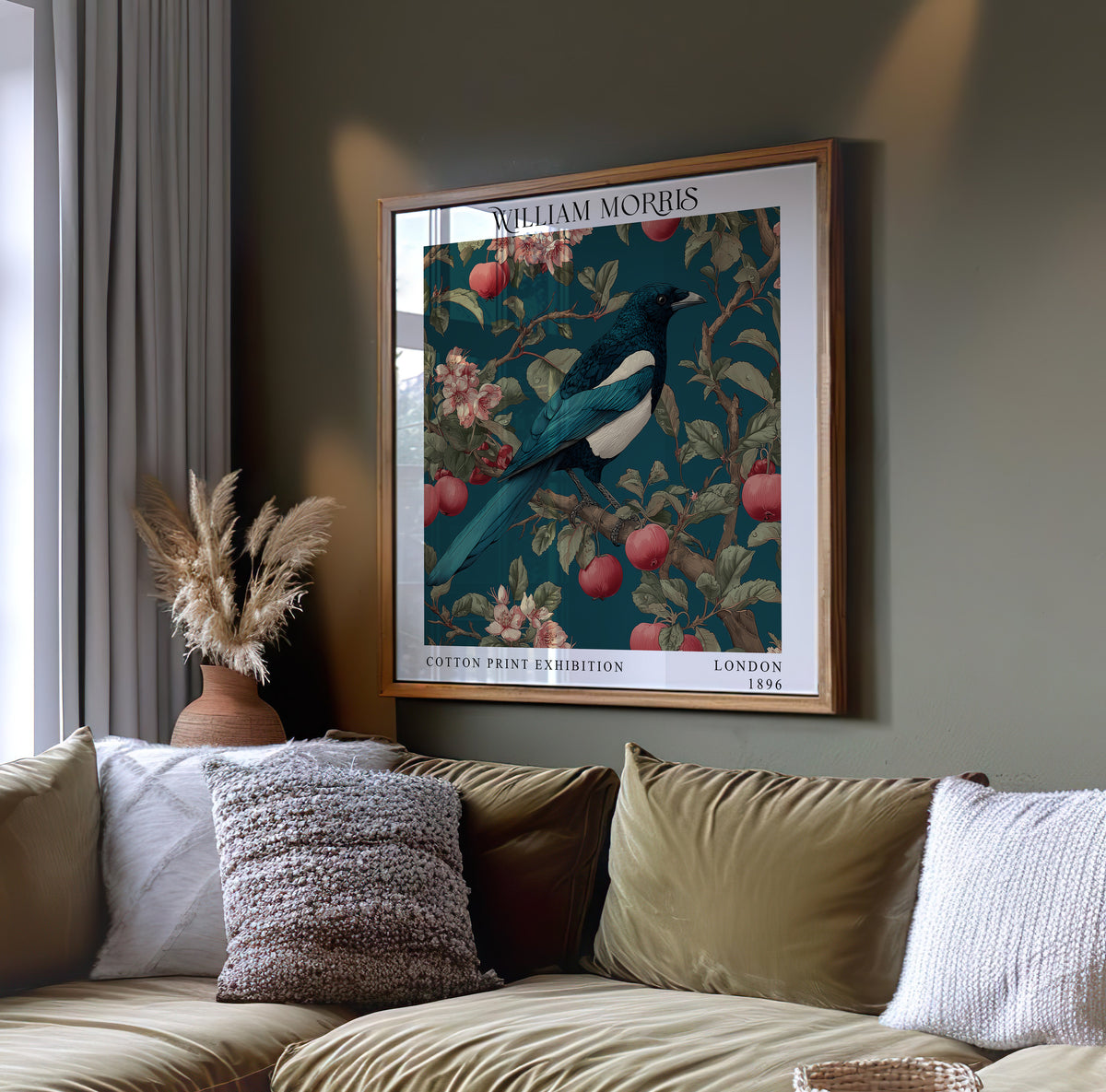 William Morris Blue Bird & Apple Print – Teal Botanical Square Wall Art