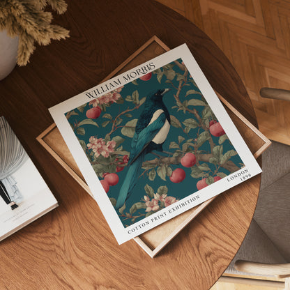William Morris Blue Bird & Apple Print – Teal Botanical Square Wall Art