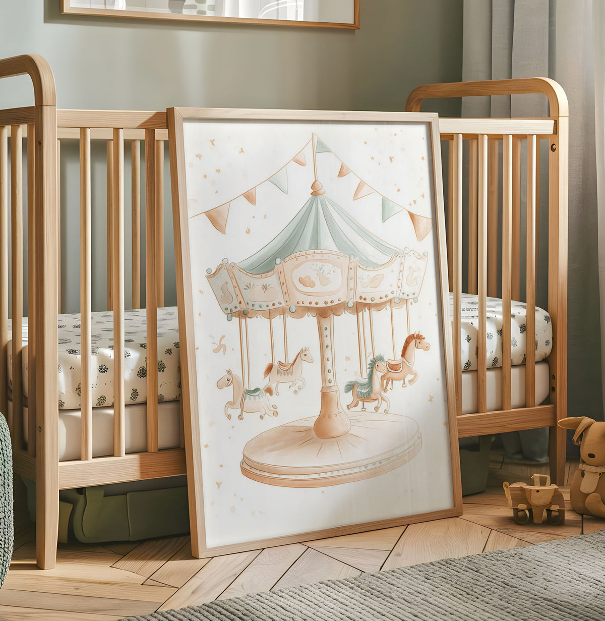 Pastel carousel nursery wall art with horses bunting and mint canopy