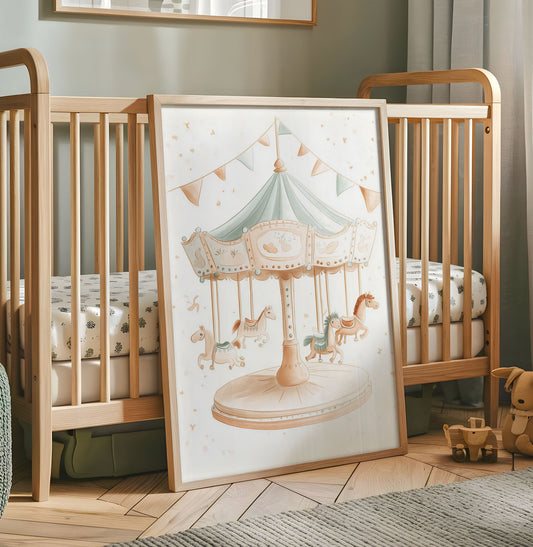 Pastel carousel nursery wall art with horses bunting and mint canopy