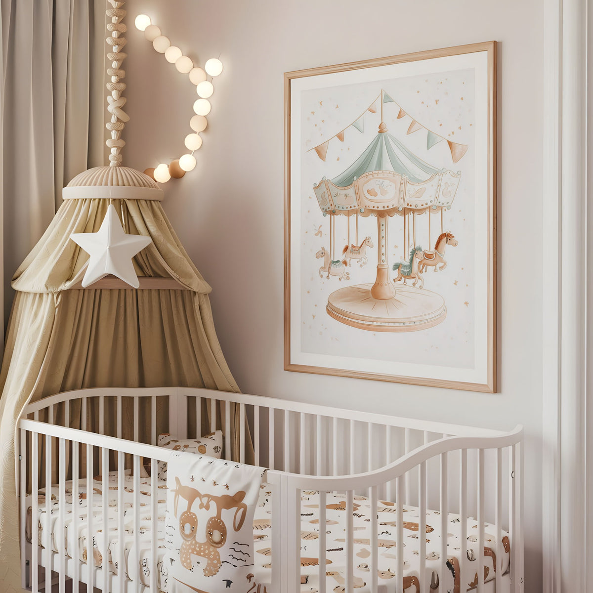 Pastel carousel nursery wall art displayed above a cot