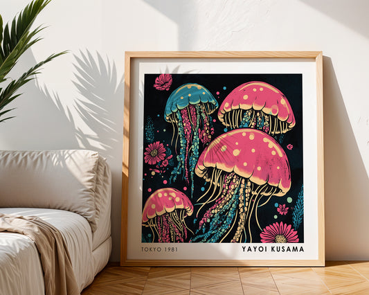 Yayoi Kusama Inspired Pink Jellyfish Print | Retro Japanese Ocean Wall Art