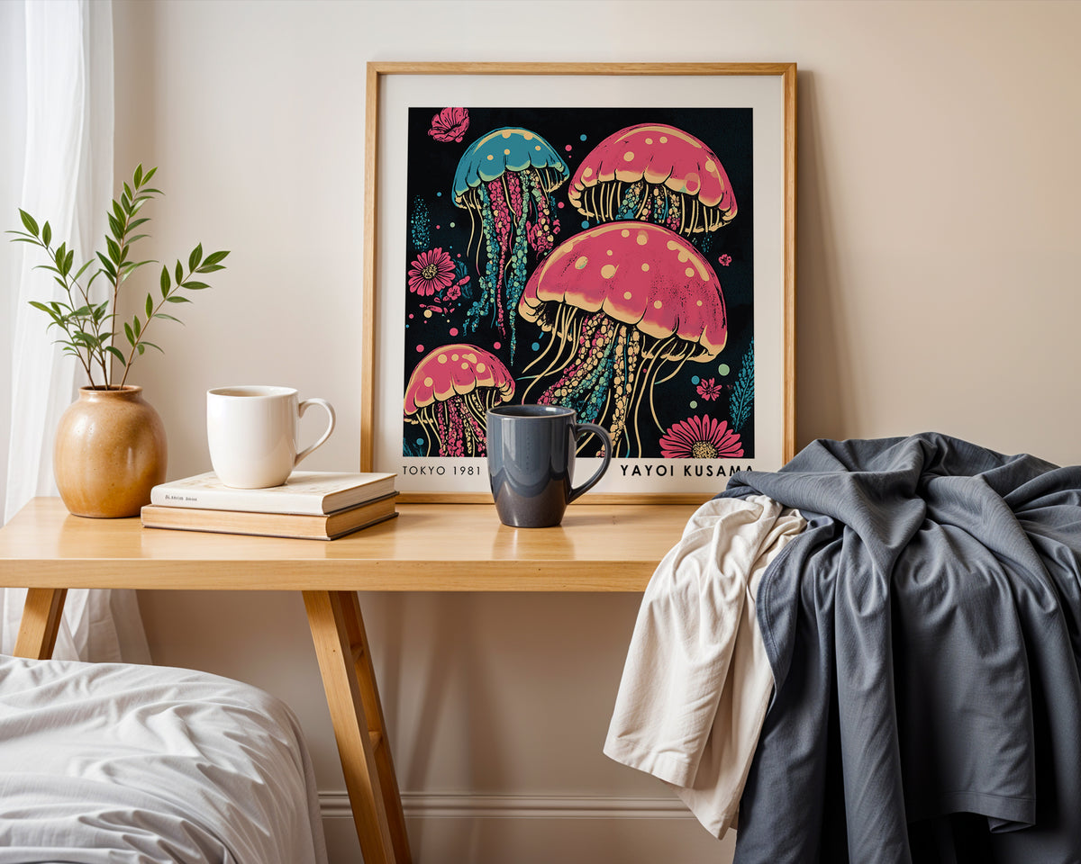 Yayoi Kusama Inspired Pink Jellyfish Print | Retro Japanese Ocean Wall Art