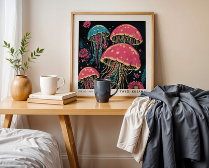 Yayoi Kusama Inspired Pink Jellyfish Print | Retro Japanese Ocean Wall Art