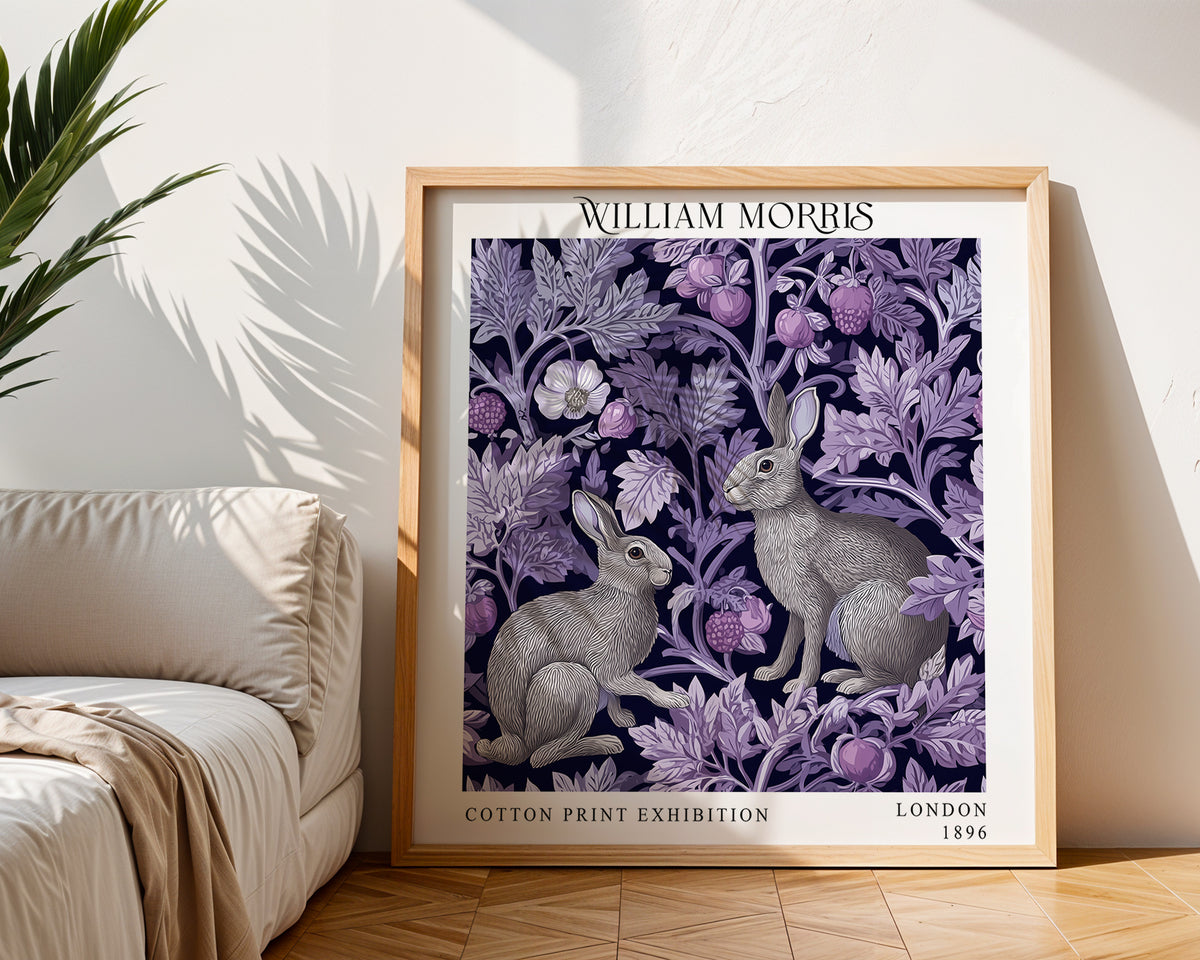 William Morris Style Rabbit Print – Purple Botanical Square Wall Art