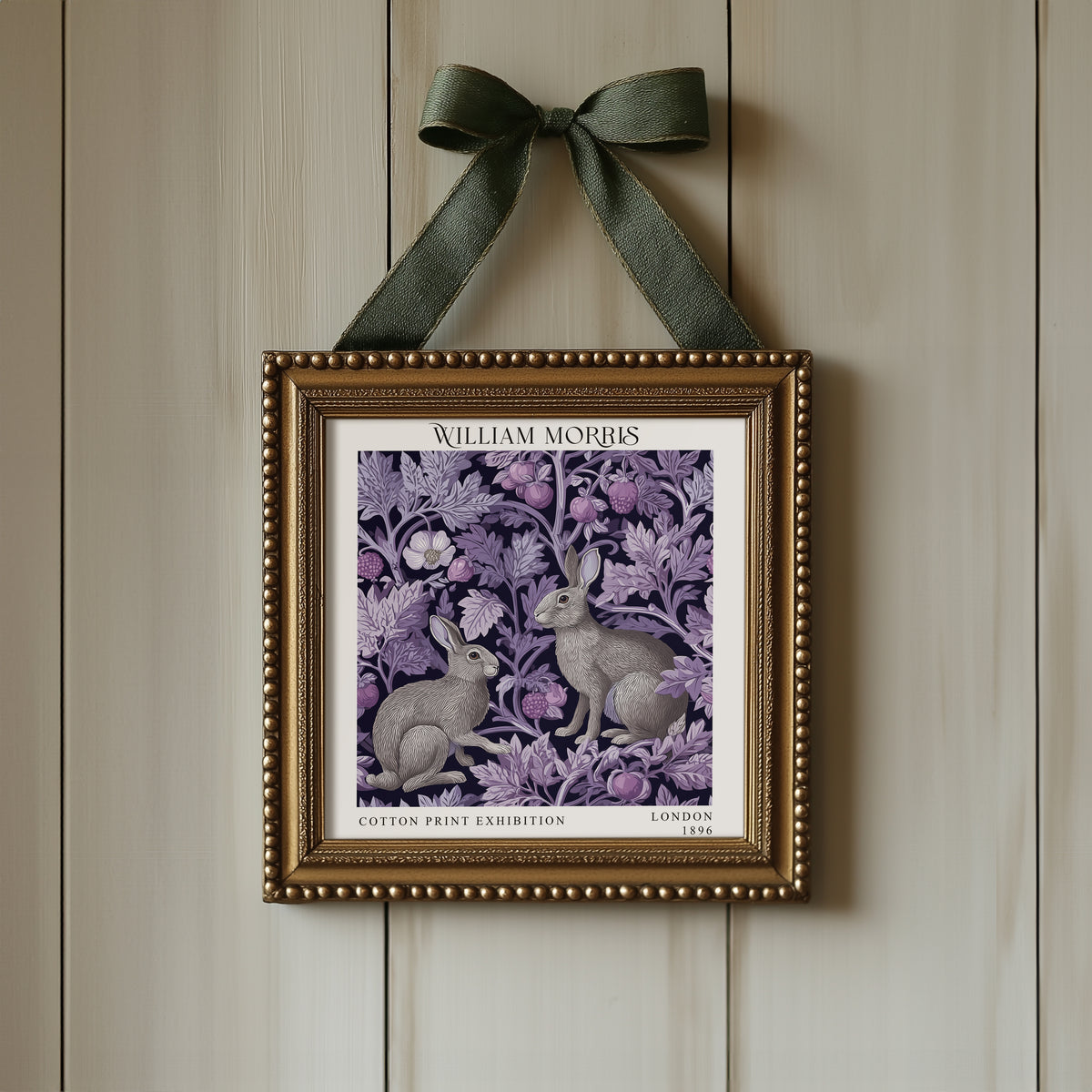 William Morris Style Rabbit Print – Purple Botanical Square Wall Art