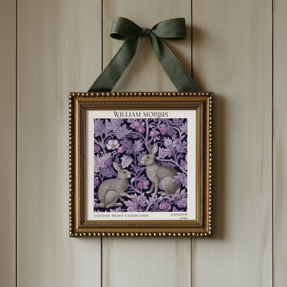 William Morris Style Rabbit Print – Purple Botanical Square Wall Art